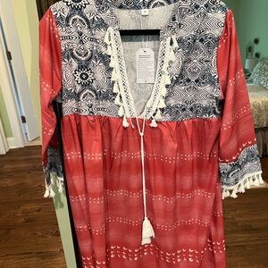 Bohemian Red and Blue Dress with Tassels